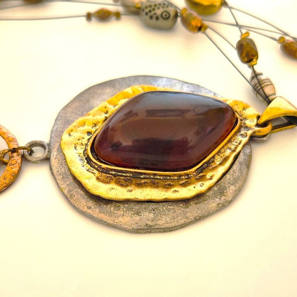 AMBER 3 STRAND PENDANT BEADS ARTISAN LONG NECKLACE